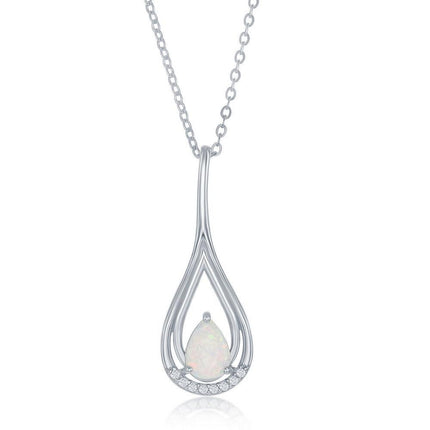 Sterling Silver White Opal Pear Shaped CZ Pendant ,