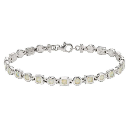 Sterling Silver White Opal Squares and Circles Link Bracelet, 7" ,