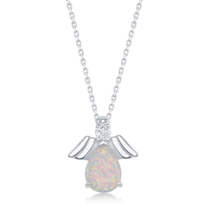 Sterling Silver White Opal with CZ Angel Pendant ,