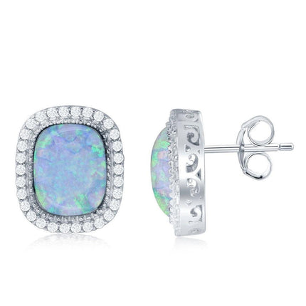 Sterling Silver White Opal with CZ Border Earrings ,