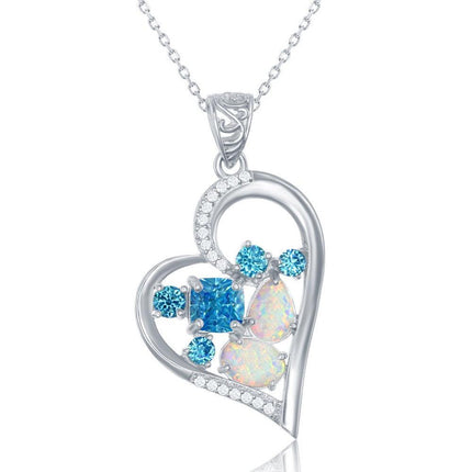 Sterling Silver White Opal with CZ Heart Pendant ,
