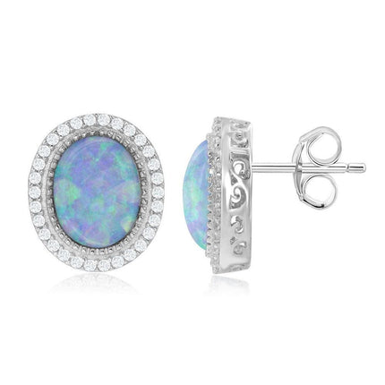 Sterling Silver White Oval Opal CZ Border Earrings ,