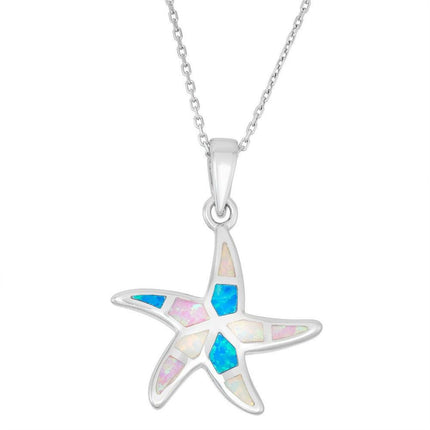 Sterling Silver White; Pink; and Blue Inlay Opal Starfish Pendant ,