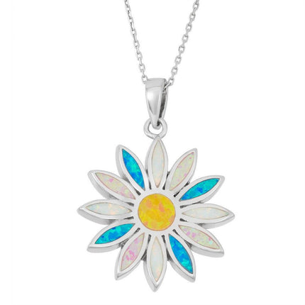 Sterling Silver White; Pink; and Blue Inlay Opal Sun Pendant ,