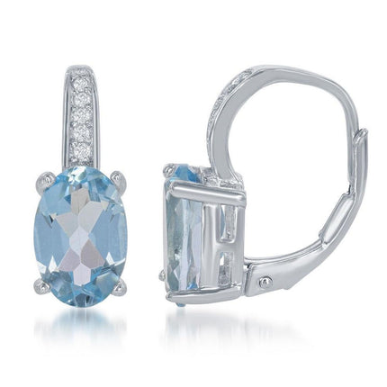 Sterling Silver White Topaz Blue Oval Earrings ,