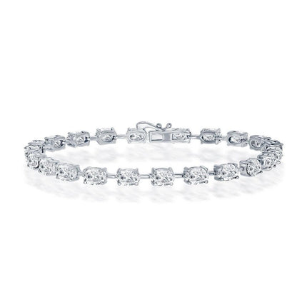 Sterling Silver White-Topaz Oval Gemstone Link Tennis Bracelet ,