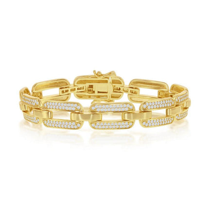 Sterling Silver Wide CZ Linked Bracelet - Gold Plated ,