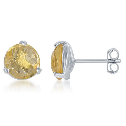 Sterling Silver Yellow Round Citrine Stud Earrings ,