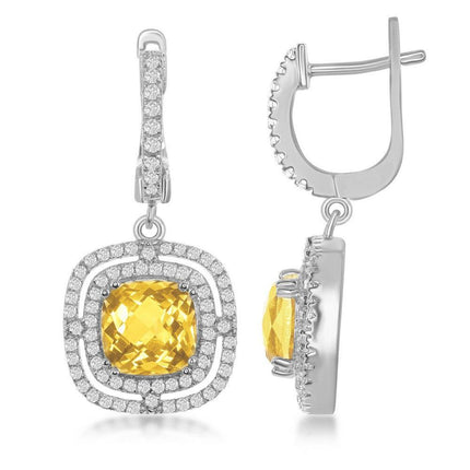 Sterling Silver Yellow Square Citrine Earrings ,