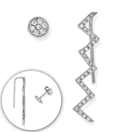 Sterling Silver Zig Zag CZ Climber Stud Earrings ,