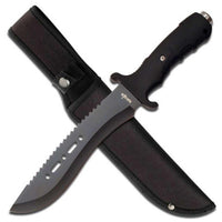 Survivor Knife - Black Stainless Fixed Recurve Blade Rubberized Handle | HK-729BK ,