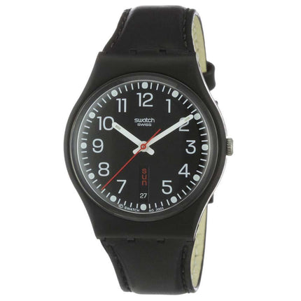 Swatch GB750 Unisex Red Sunday Black Leather Strap Black Dial Quartz Watch ,