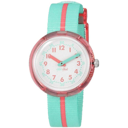 Swatch Girls Strap Watch - Flik Flak White Dial Quartz Green & Pink Fabric | FPNP020 ,
