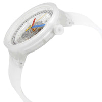 Swatch Unisex Quartz Watch - Clearly Bold Transparent Skeleton Dial Strap | SB01K100 ,