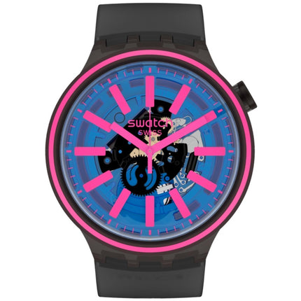 Swatch Unisex Watch - Big Bold Blue Taste Semi-Skeleton Dial Black Strap | SO27B111 ,
