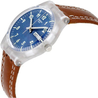 Swatch Unisex Watch - Time to Swatch Windy Dune Blue Dial Brown Leather Strap | GE709 ,