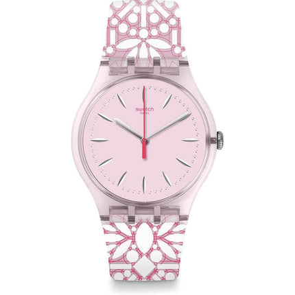 Swatch Women's Strap Watch - Brit-In Fleurie Swiss Quartz Pink & White | SUOP109 ,