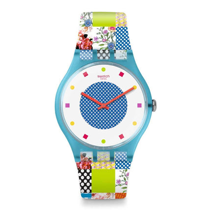 Swatch Women's Strap Watch - Brit-In Quilted Time Quartz Blue & White Dial | SUOS108 ,