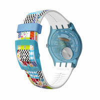 Swatch Women's Strap Watch - Brit-In Quilted Time Quartz Blue & White Dial | SUOS108 ,
