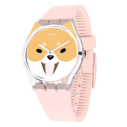 Swatch Women's Watch - Akita Inu Quartz Orange, White and Pink Dial Strap | GE279 ,