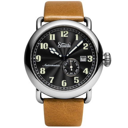 Szanto Men's Automatic Watch - Officer Classic Round Black Dial Tan Strap | SZ 6302E ,