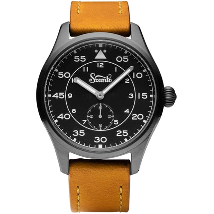 Szanto Men's Quartz Watch - Heritage Aviator Black Dial Grey Case Tan Strap | SZ 2757 ,