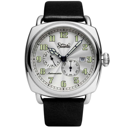 Szanto Men's Watch - Officer Coin Cushion Silver Tone Dial Black Strap | SZ 6202E ,