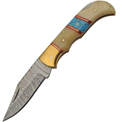 SZCO Folding Knife - Clip Point Steel Blade Turquoise and White Bone Handle | DM-1362 ,