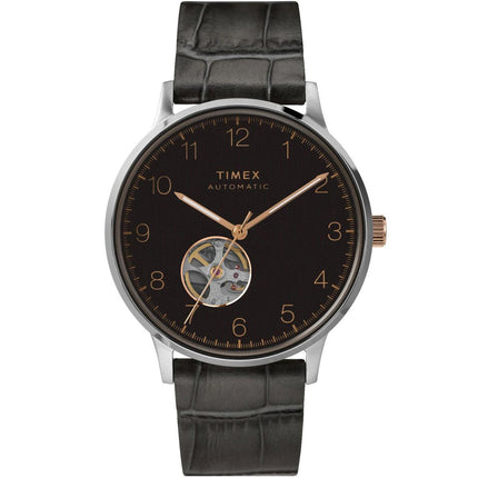 Timex Men's Automatic Watch - Waterbury Black Dial Leather Strap | TW2U11600ZV ,
