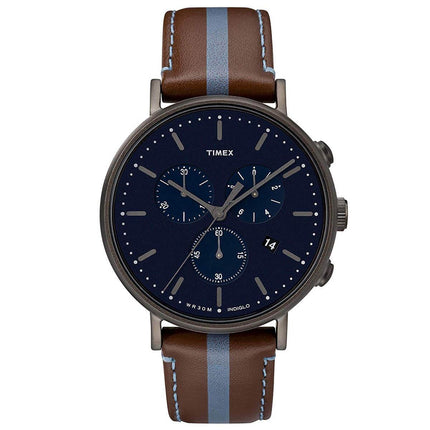 Timex Men's Chronograph Watch - Fairfield Date Brown & Blue Leather Strap | TW2R37700 ,