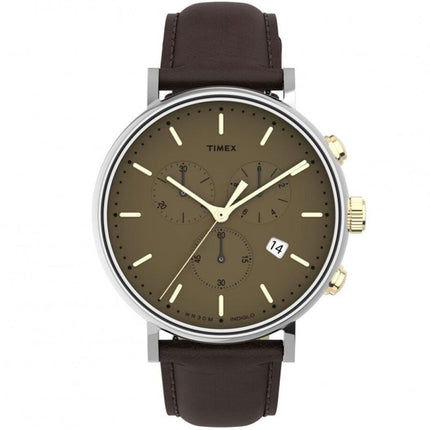 Timex Men's Chronograph Watch - Fairfield Tan Dial Brown Strap | TW2T67700VQ ,