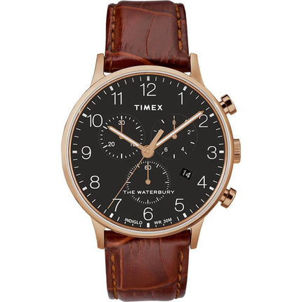 Timex Men's Chronograph Watch - Waterbury Black Dial Brown Strap | TW2R71600VQ ,