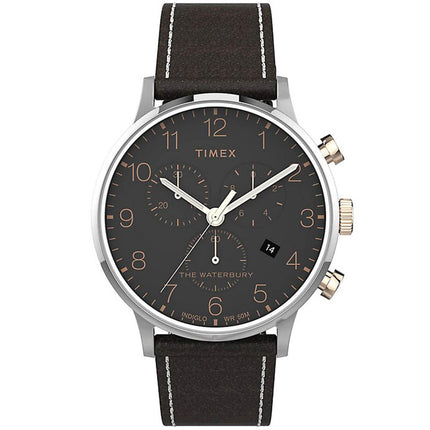 Timex Men's Chronograph Watch - Waterbury Black Dial Leather Strap | TW2T71500VQ ,