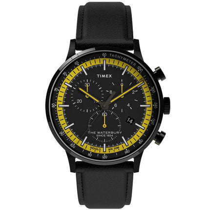 Timex Men's Chronograph Watch - Waterbury Black Dial Leather Strap | TW2U04800VQ ,