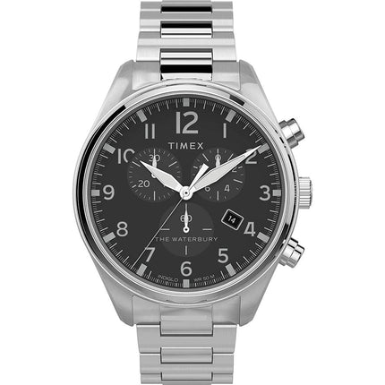Timex Men's Chronograph Watch - Waterbury Black Dial Silver Bracelet | TW2T70300VQ ,