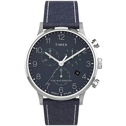 Timex Men's Chronograph Watch - Waterbury Blue Dial Leather Strap | TW2T71300VQ ,