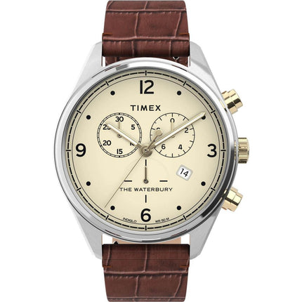 Timex Men's Chronograph Watch - Waterbury Cream Dial Leather Strap | TW2U04500VQ ,