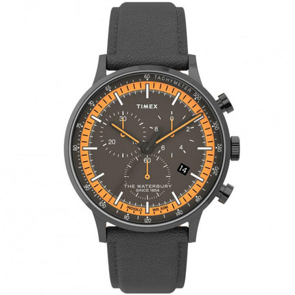 Timex Men's Chronograph Watch - Waterbury Grey Dial Leather Strap | TW2U04900VQ ,