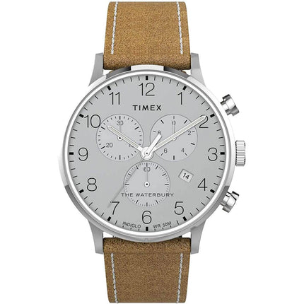 Timex Men's Chronograph Watch - Waterbury Silver Dial Leather Strap | TW2T71200VQ ,
