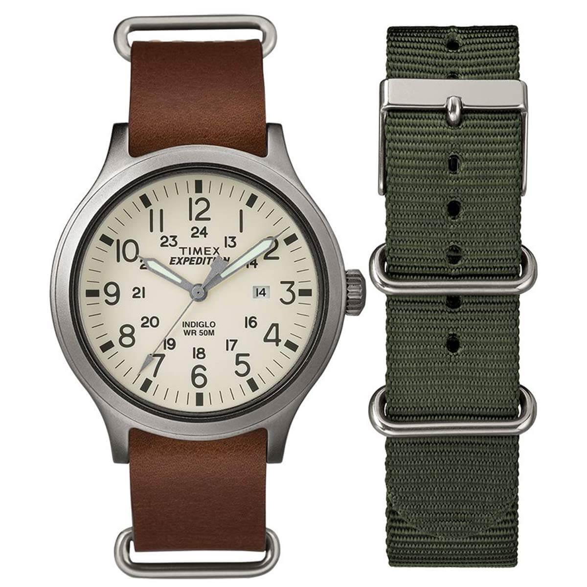 Timex Men's Quartz Watch Expedition Scout Cream Dial Brown Leather Strap  TWG016100