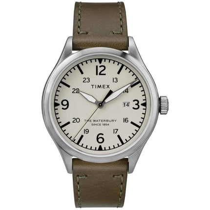 Timex Men's Quartz Watch - Waterbury Cream Dial Green Leather Strap | TW2R71100 ,