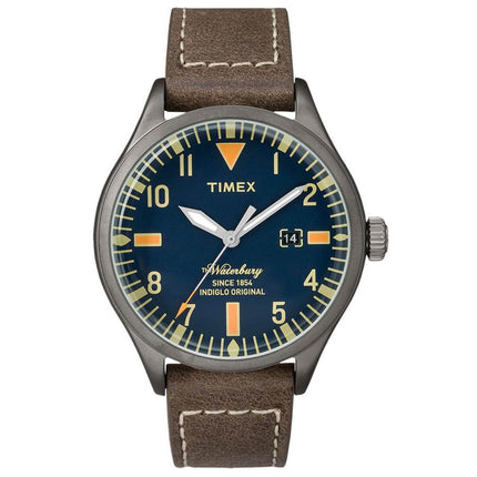 Timex Men's Quartz Watch - Waterbury Date Blue Dial Brown Leather Strap | TW2P83800 ,