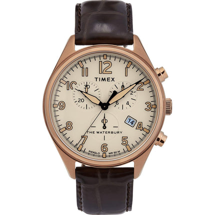 Timex Men's Quartz Watch - Waterbury Tan Dial Brown Leather Strap | TW2R88300 ,