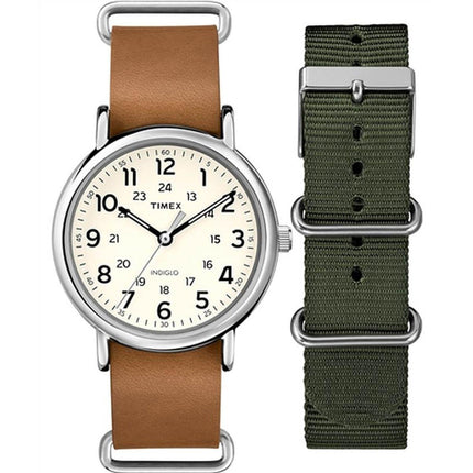 Timex Men's Quartz Watch - Weekender Cream Dial Brown Leather Strap | TWG015100 ,