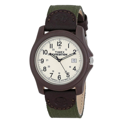 Timex Men's Strap Watch - Expedition Camper Green Nylon & Brown Leather Beige Dial | T49101JV ,