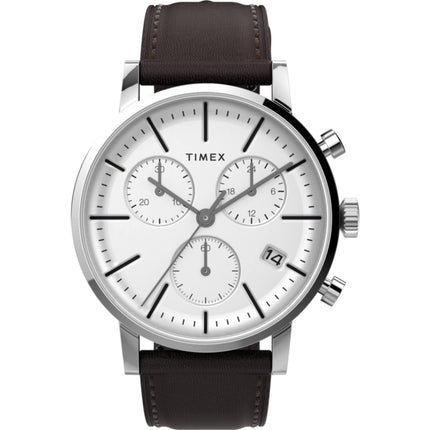 Timex Men's Watch - Midtown Chronograph White Dial Brown Leather Strap | TW2V36600VQ ,