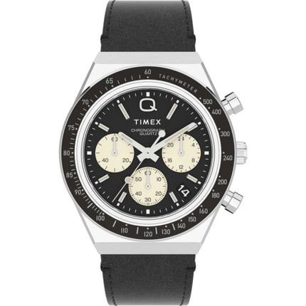 Timex Men's Watch - Q Chronograph Rotating Bezel Black Leather Strap | TW2V42700 ,