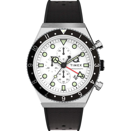 Timex Men's Watch - Q Chronograph Rotating Bezel White Dial Rubber Strap | TW2V70100 ,