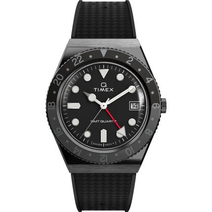 Timex Men's Watch - Q GMT Quartz Black Dial Synthetic Rubber Strap Date TW2V38200 ,
