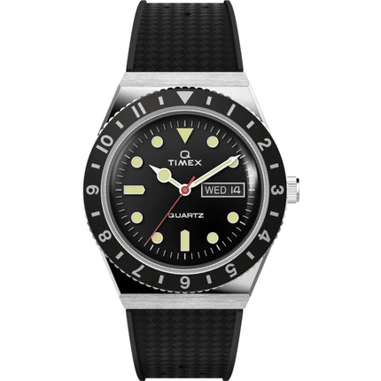 Timex Men's Watch - Q Quartz Rotating Bezel Black Dial Strap Day-Date TW2V32000 ,